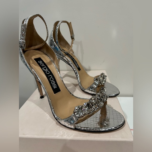 Silver Sergio Rossi chain heel sandals with Python print ankle tie heel sandals - Picture 3 of 13